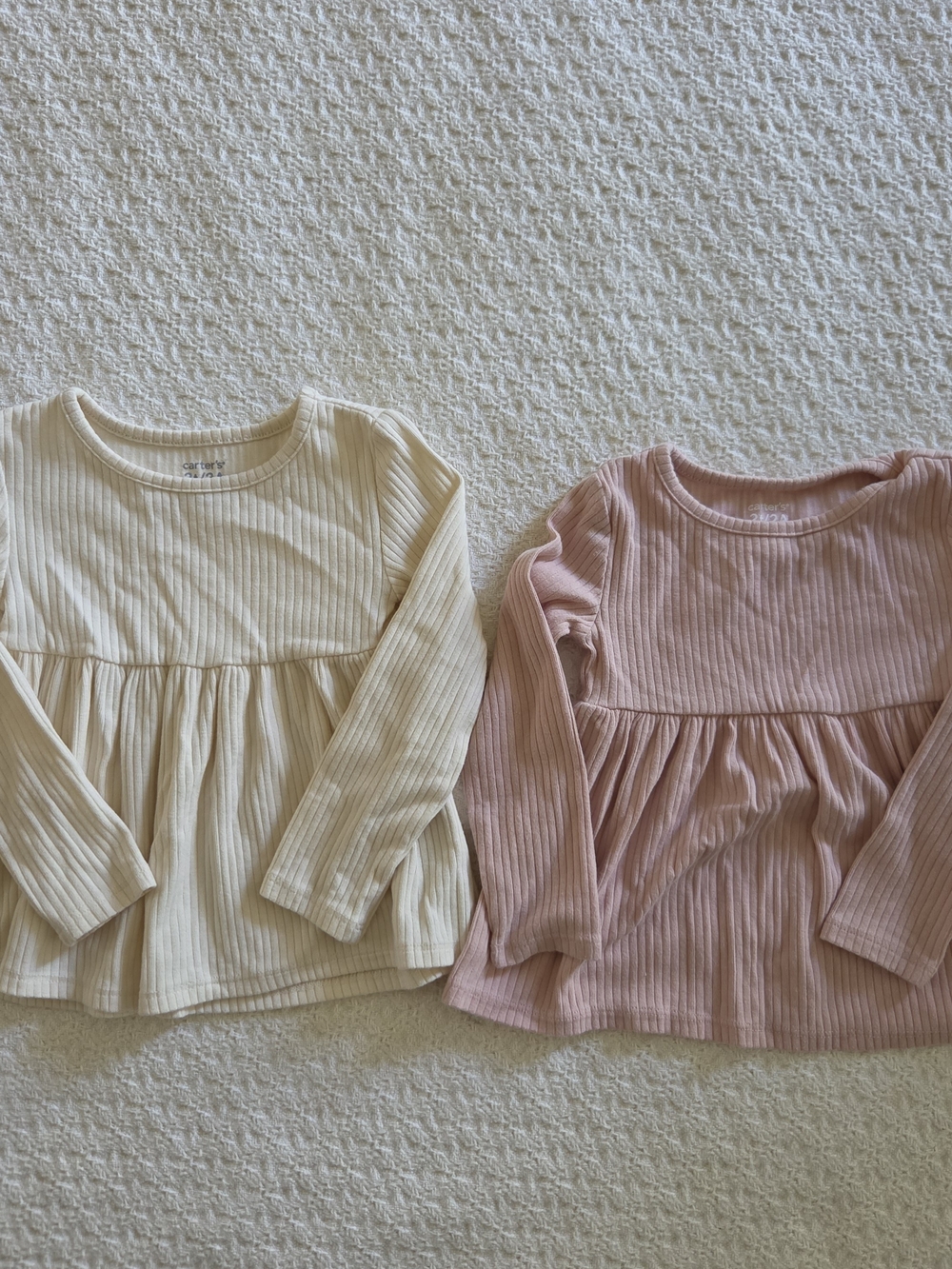 Carters Ribbed Peplum Long-Sleeve Top - Cream & Dusty Pink Set Of 2